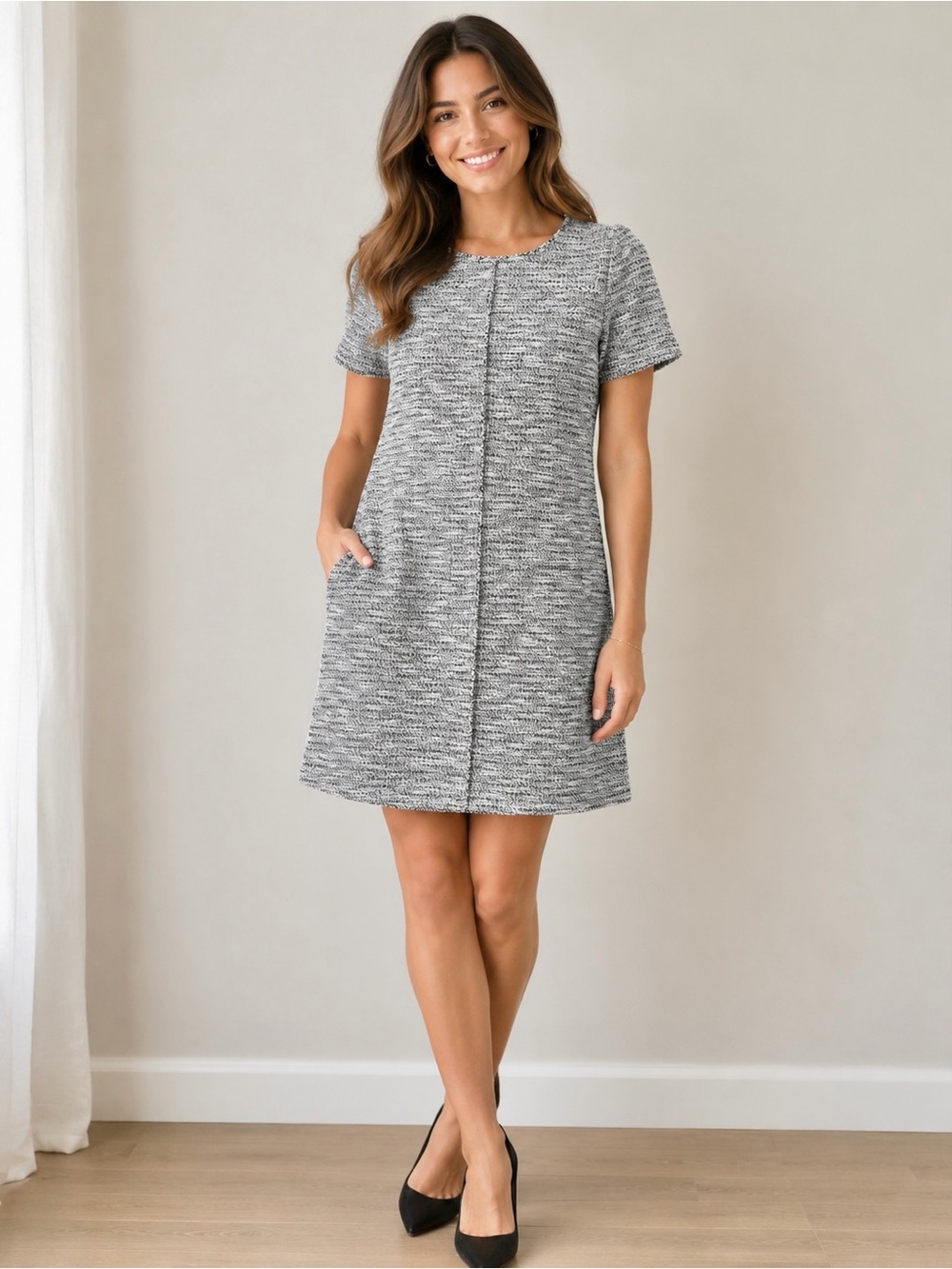 LOFT Black & White Tweed Shift Dress | Medium Petite | EUC